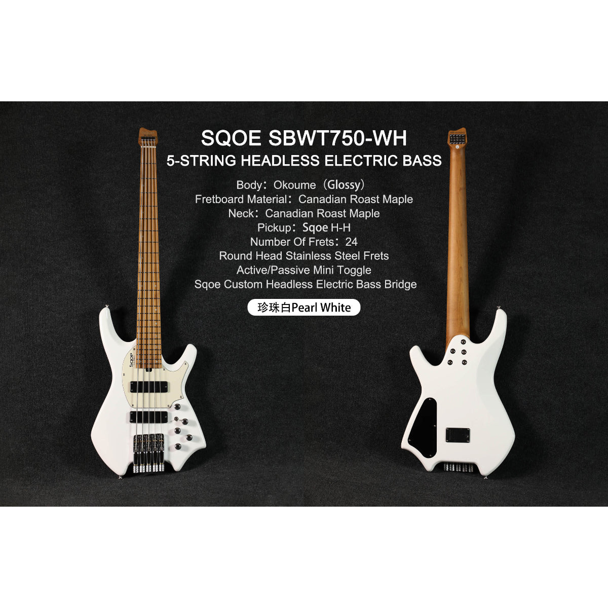 Đàn Guitar Bass 5 Dây Sqoe SBWT750, Pearl White