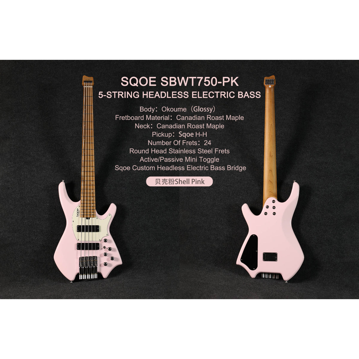 Đàn Guitar Bass 5 Dây Sqoe SBWT750, Shell Pink