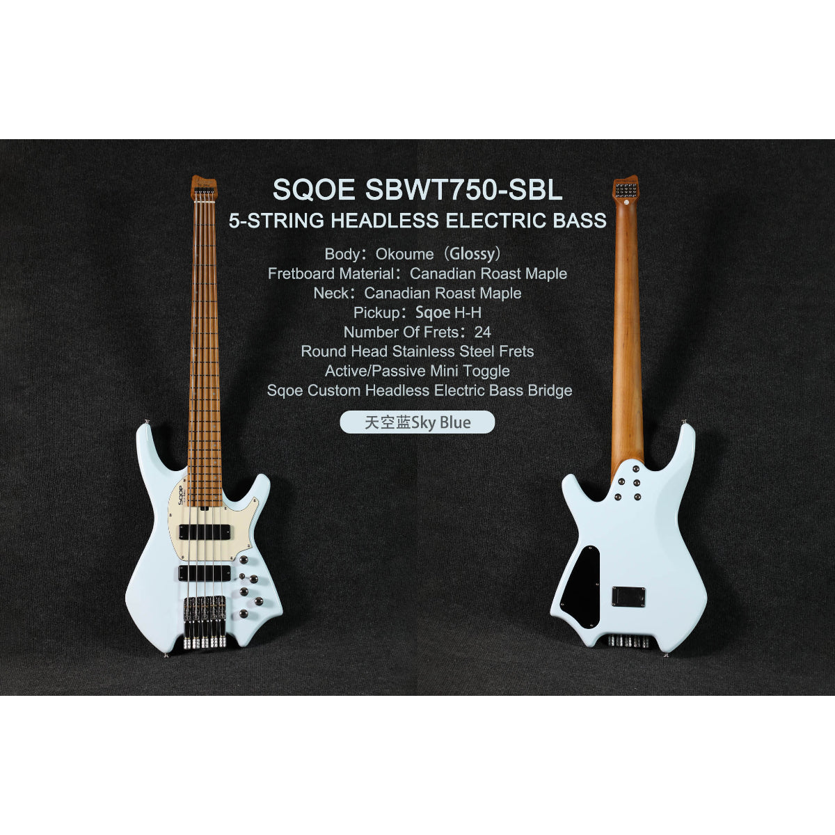 Đàn Guitar Bass 5 Dây Sqoe SBWT750, Sky Blue