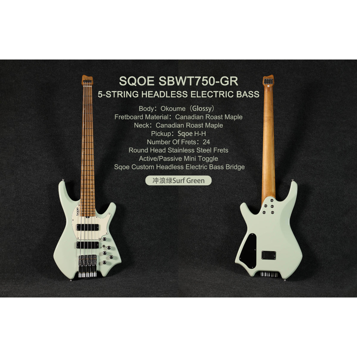 Đàn Guitar Bass 5 Dây Sqoe SBWT750, Surf Green