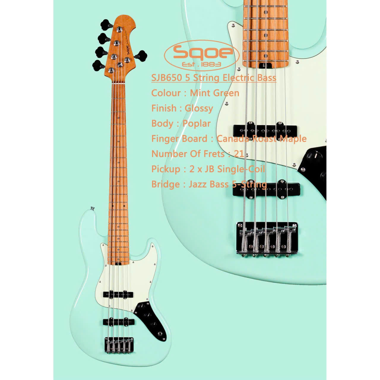 Đàn Guitar Bass 5 Dây Sqoe SJB650, Mint Green