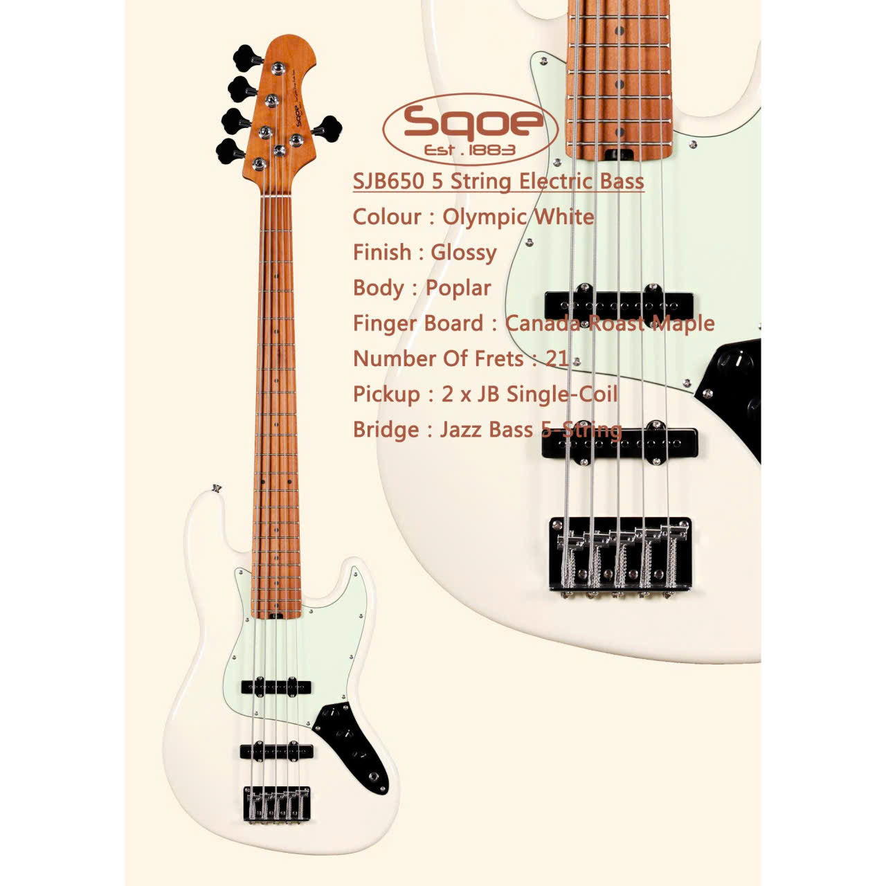 Đàn Guitar Bass 5 Dây Sqoe SJB650, Olympic White