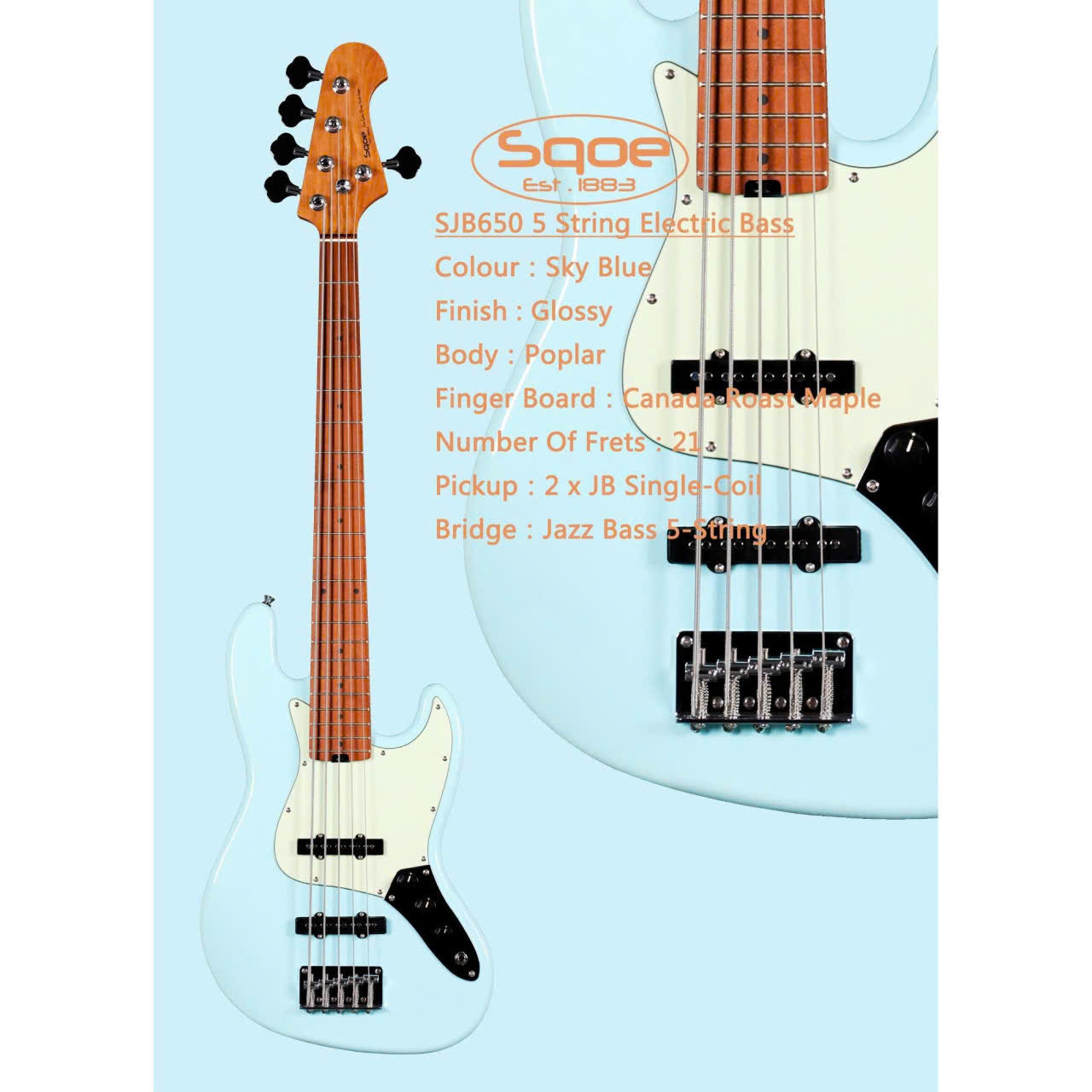 Đàn Guitar Bass 5 Dây Sqoe SJB650, Sky Blue