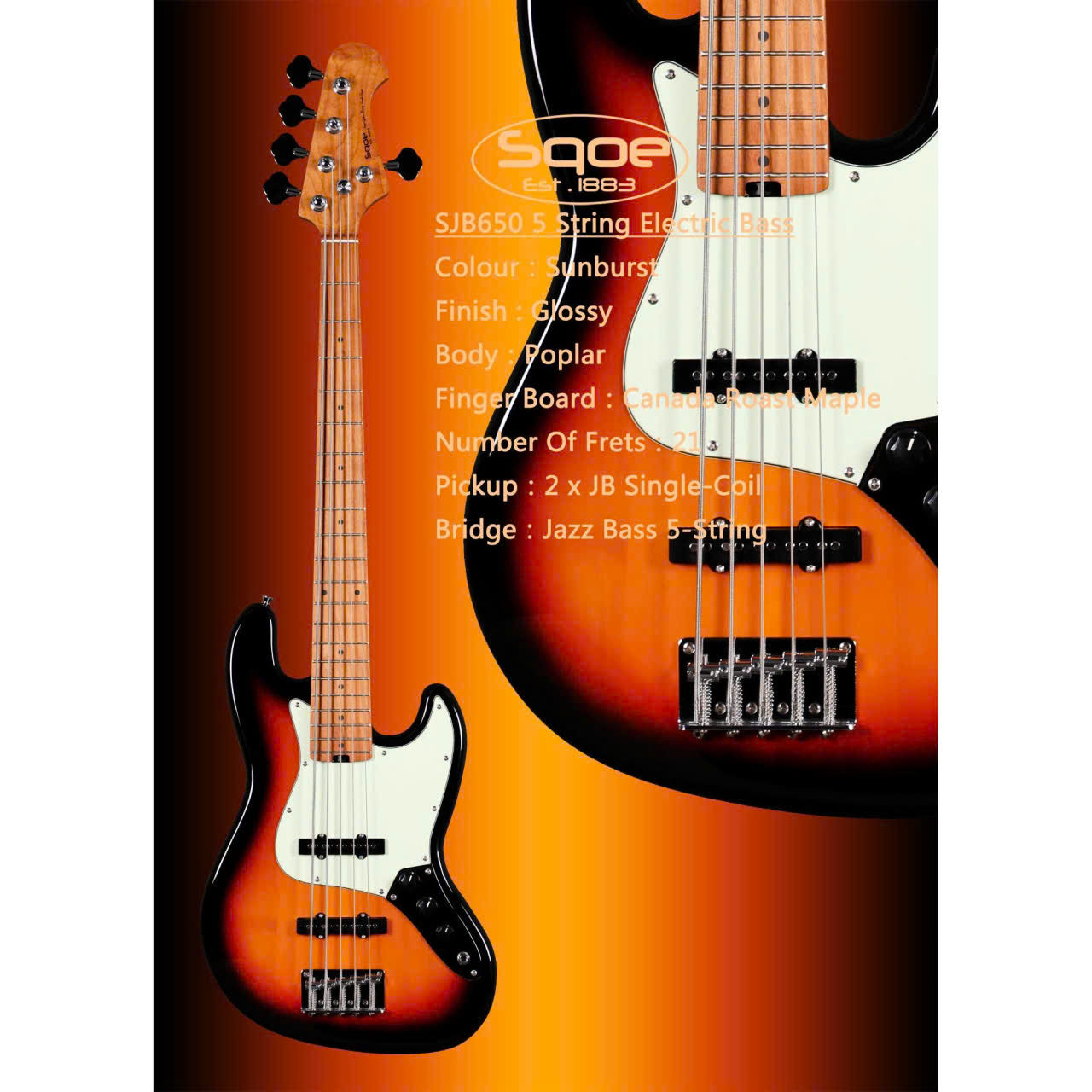 Đàn Guitar Bass 5 Dây Sqoe SJB650, Sunburst