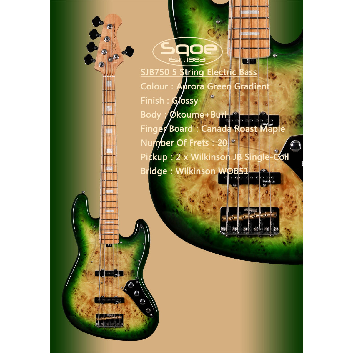 Đàn Guitar Bass 5 Dây Sqoe SJB750, Aurora Green Gradient
