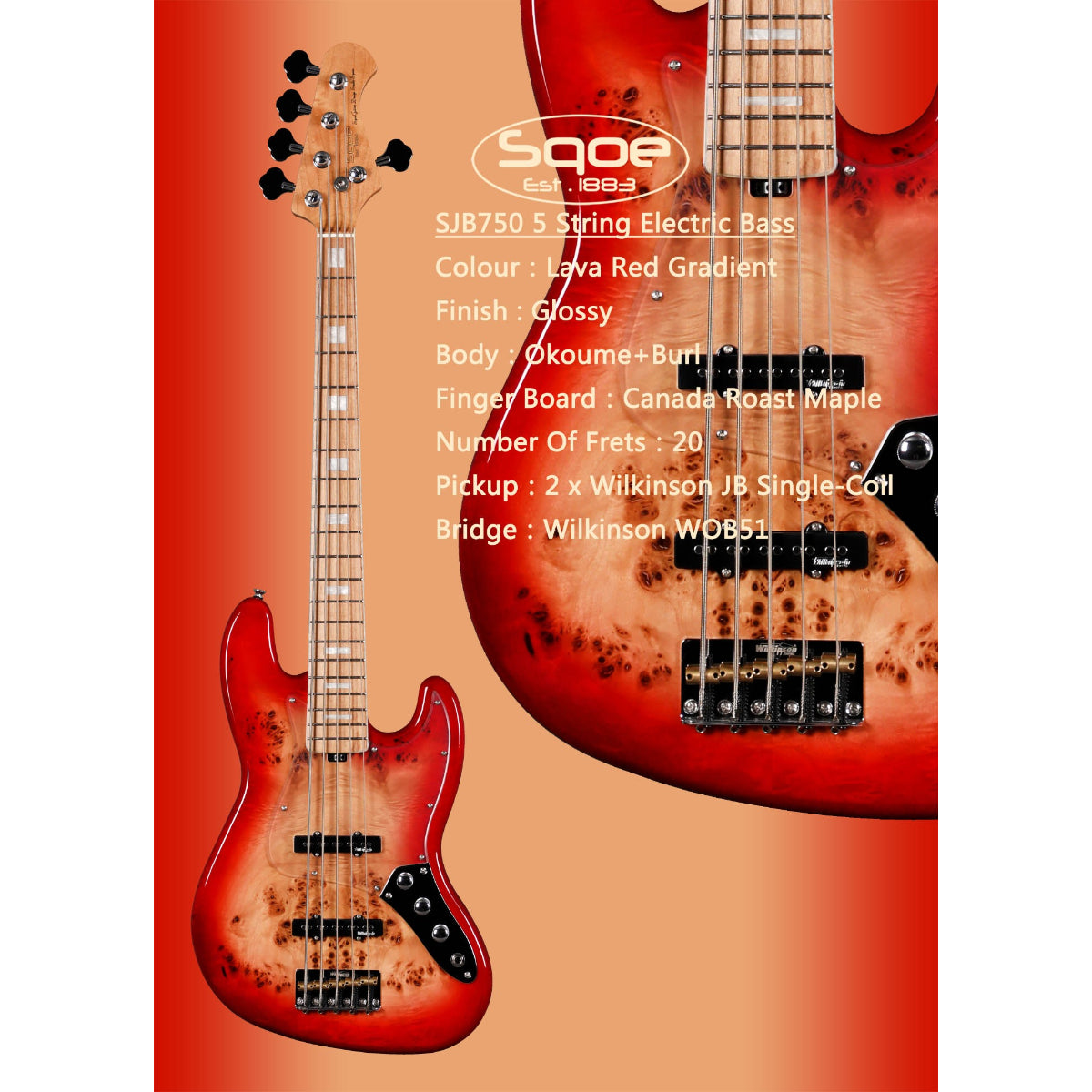 Đàn Guitar Bass 5 Dây Sqoe SJB750, Lava Red Gradient
