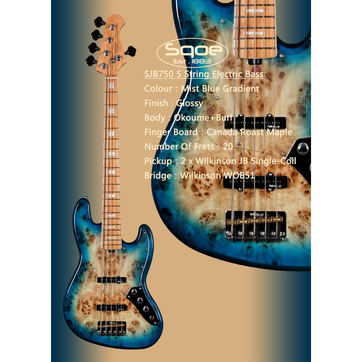 Đàn Guitar Bass 5 Dây Sqoe SJB750, Mist Blue Gradient