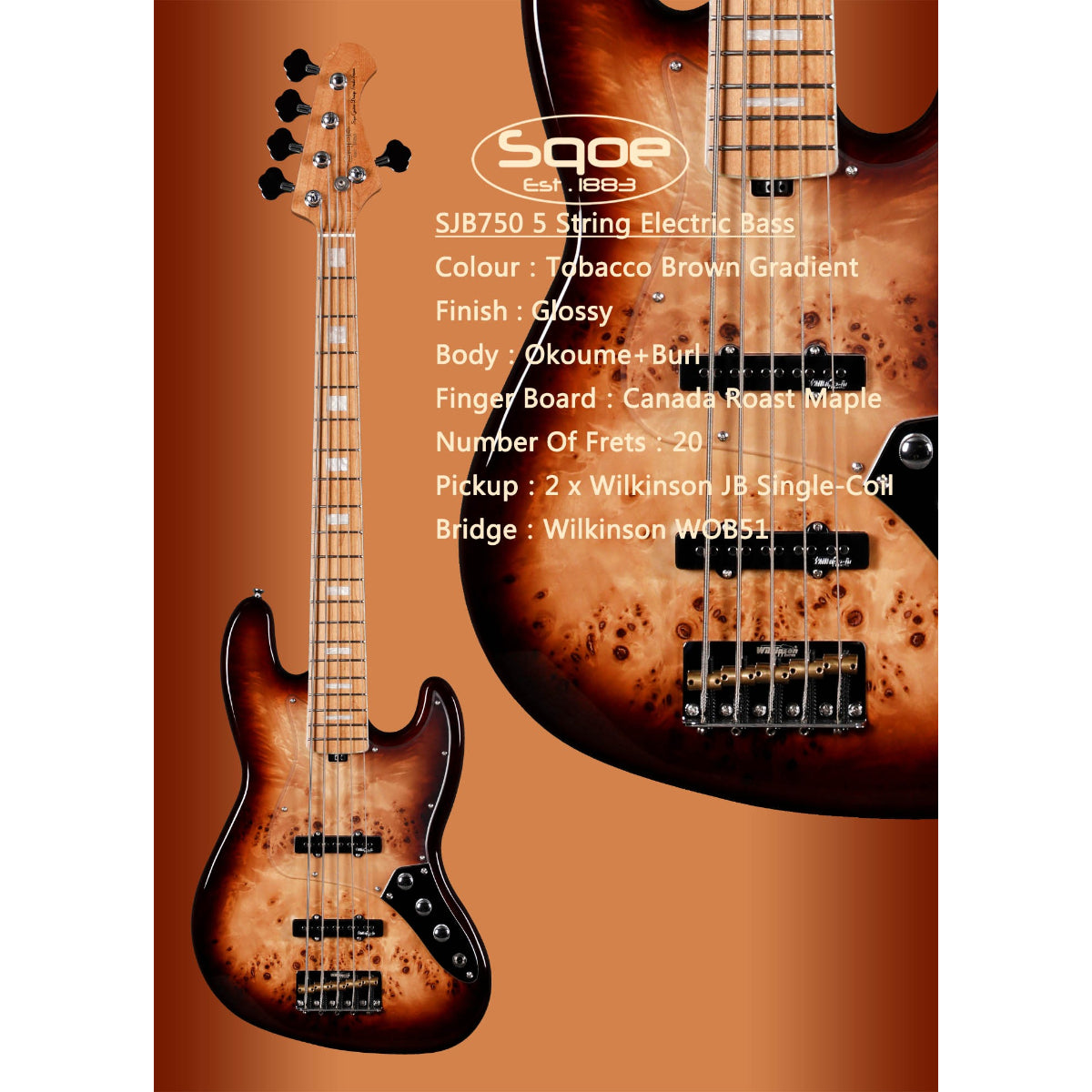 Đàn Guitar Bass 5 Dây Sqoe SJB750, Tobacco Brown Gradient