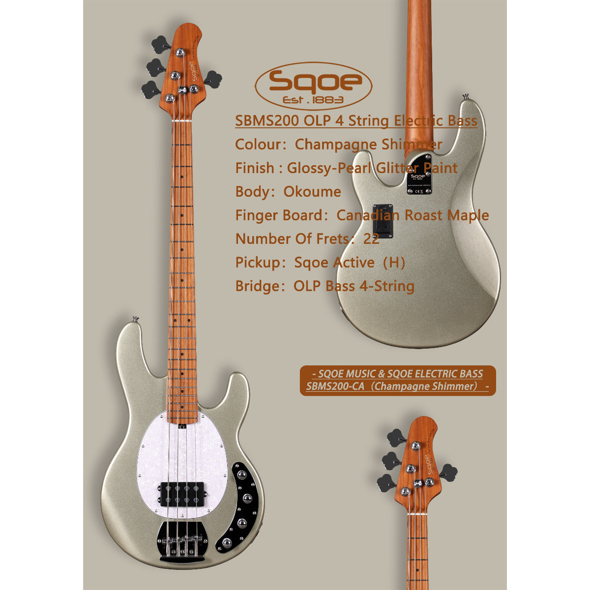 Đàn Guitar Bass Sqoe SBMS200, Champagne Shimmer