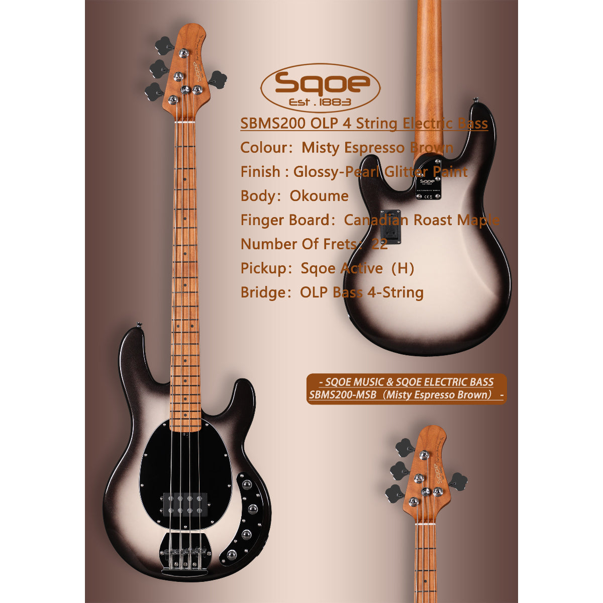 Đàn Guitar Bass Sqoe SBMS200, Glossy Pearl Glitter Paint