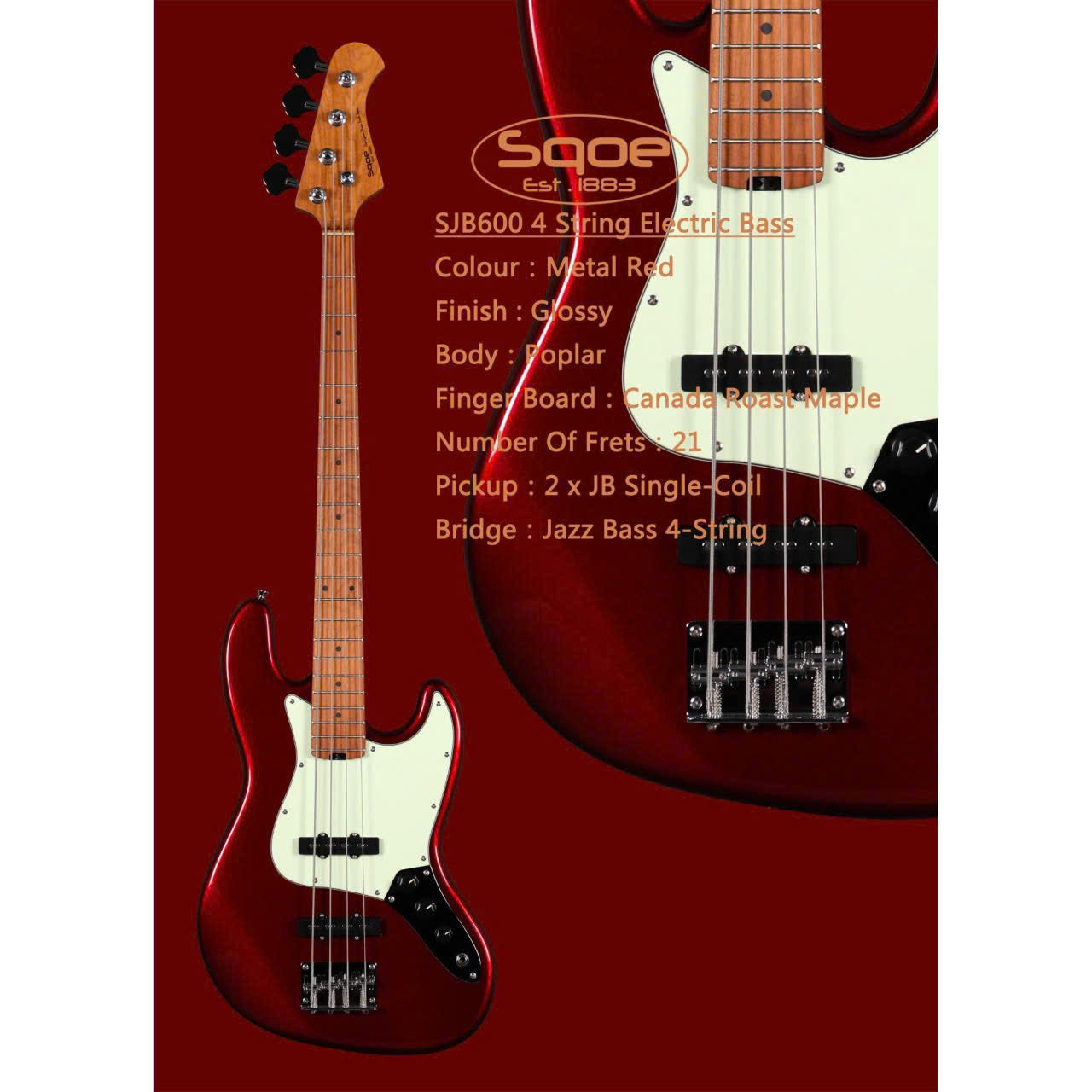 Đàn Guitar Bass Sqoe SJB600, Metal Red