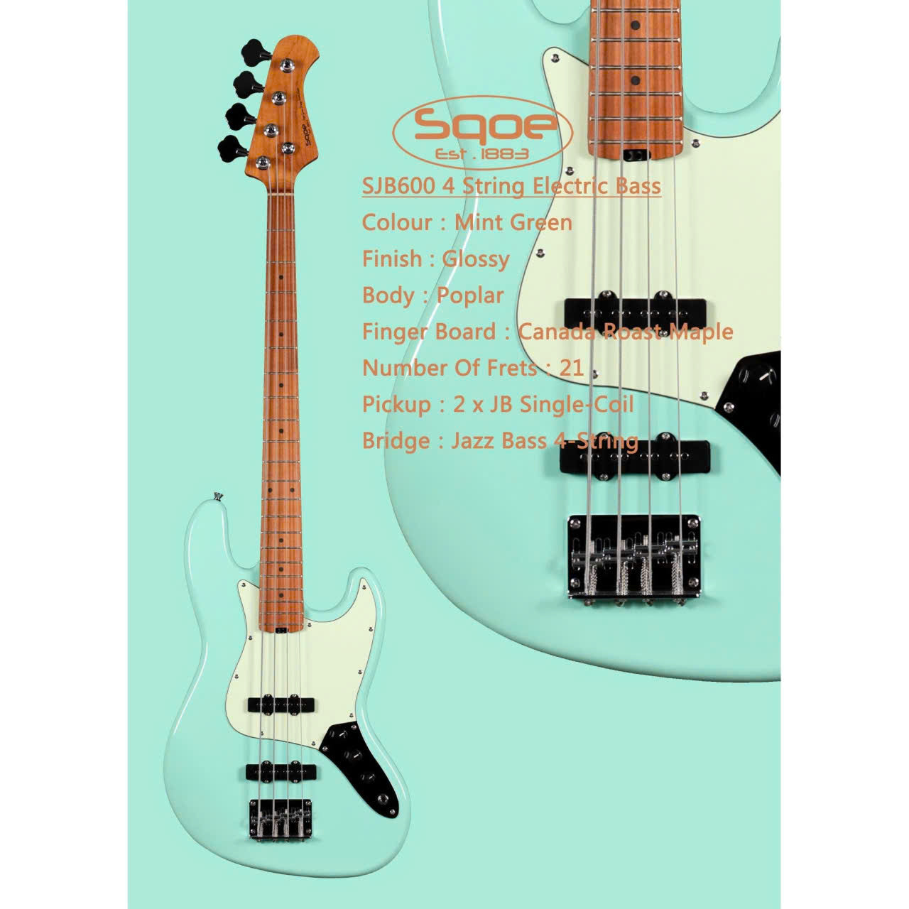 Đàn Guitar Bass Sqoe SJB600, Mint Green