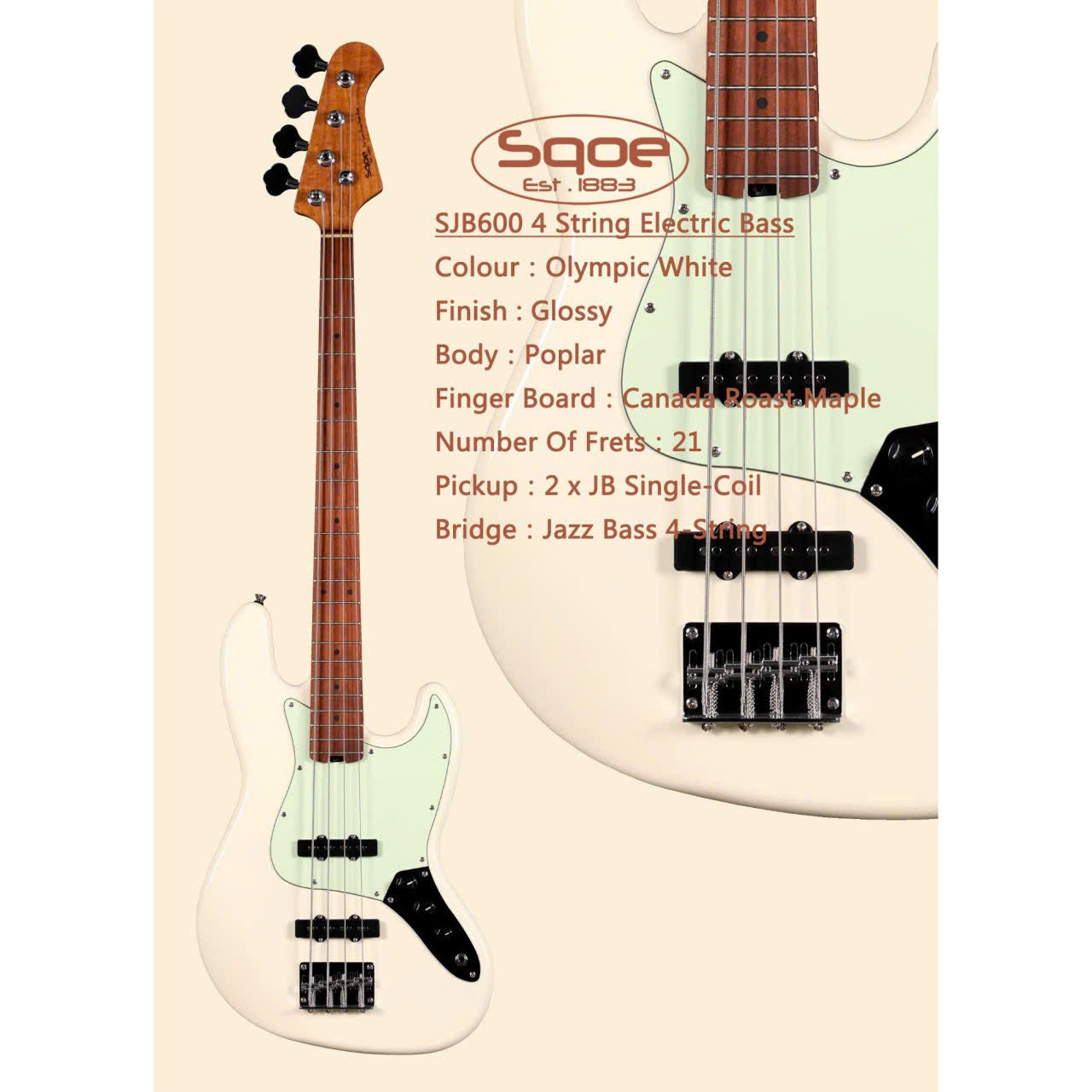 Đàn Guitar Bass Sqoe SJB600, Olympic White