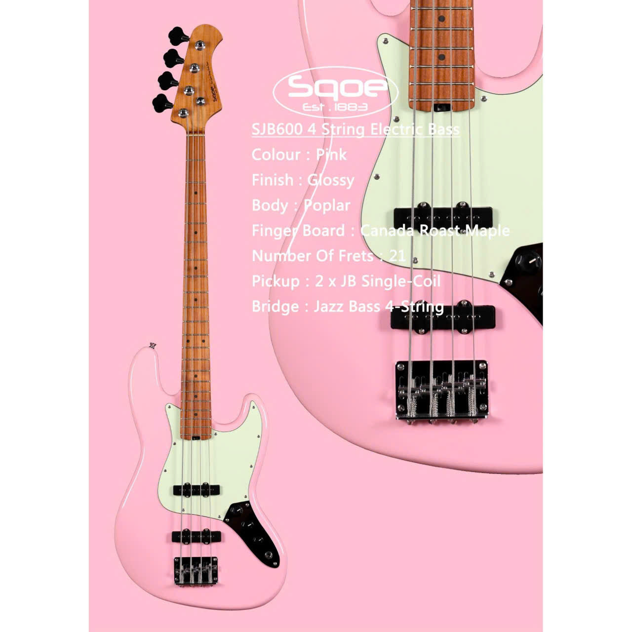 Đàn Guitar Bass Sqoe SJB600, Pink