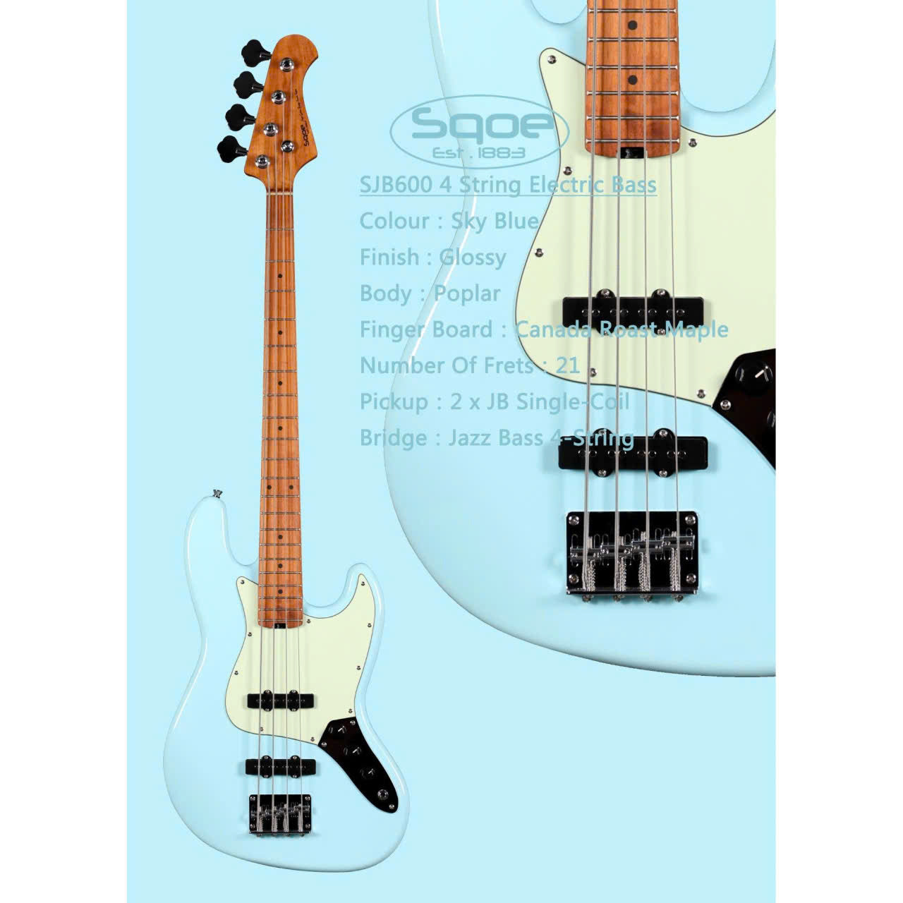 Đàn Guitar Bass Sqoe SJB600, Sky Blue