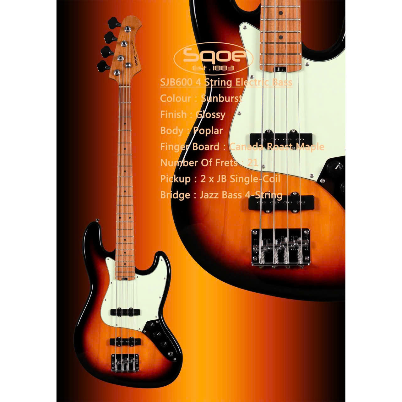 Đàn Guitar Bass Sqoe SJB600, Sunburst