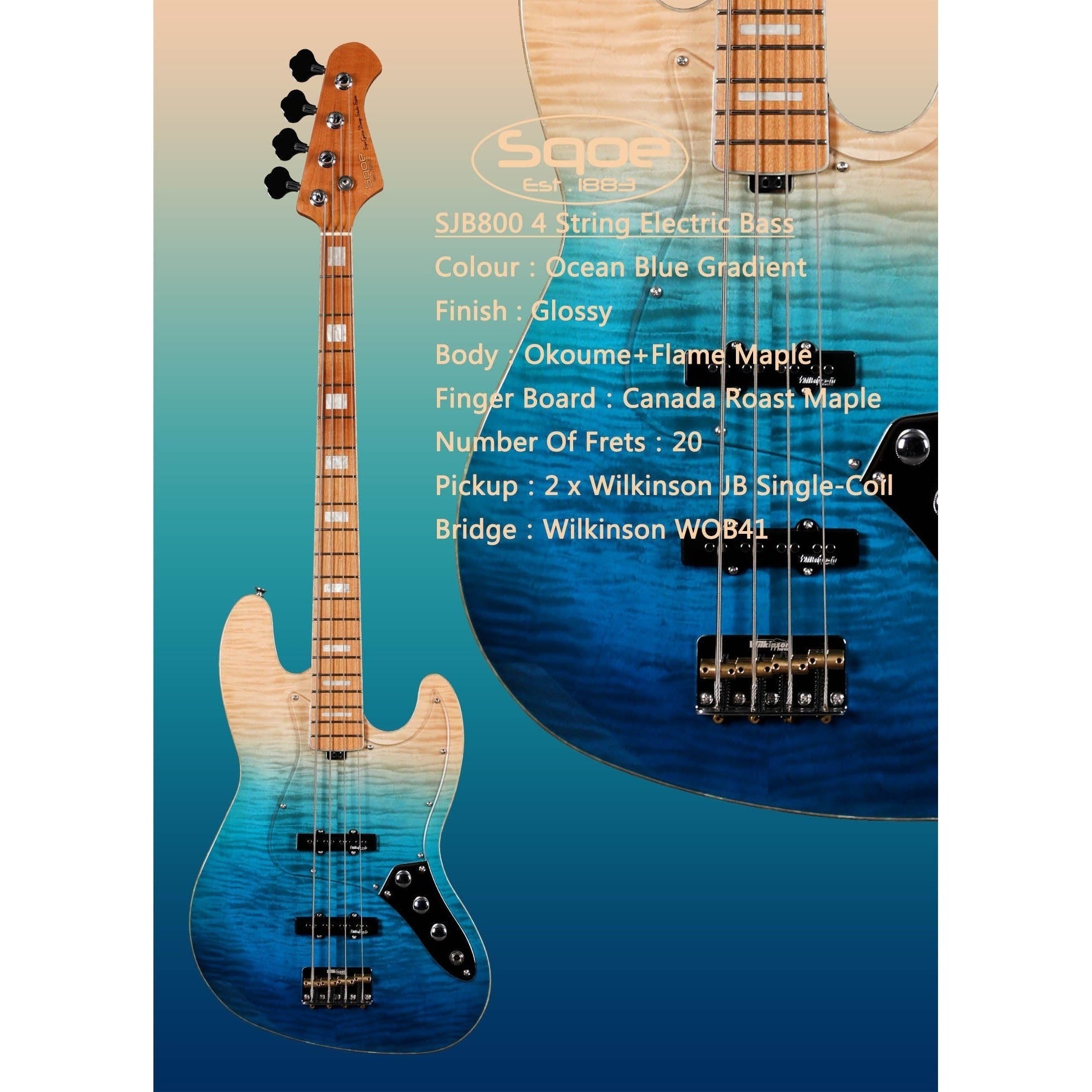 Đàn Guitar Bass Sqoe SJB800, Caribbean Fade Surf