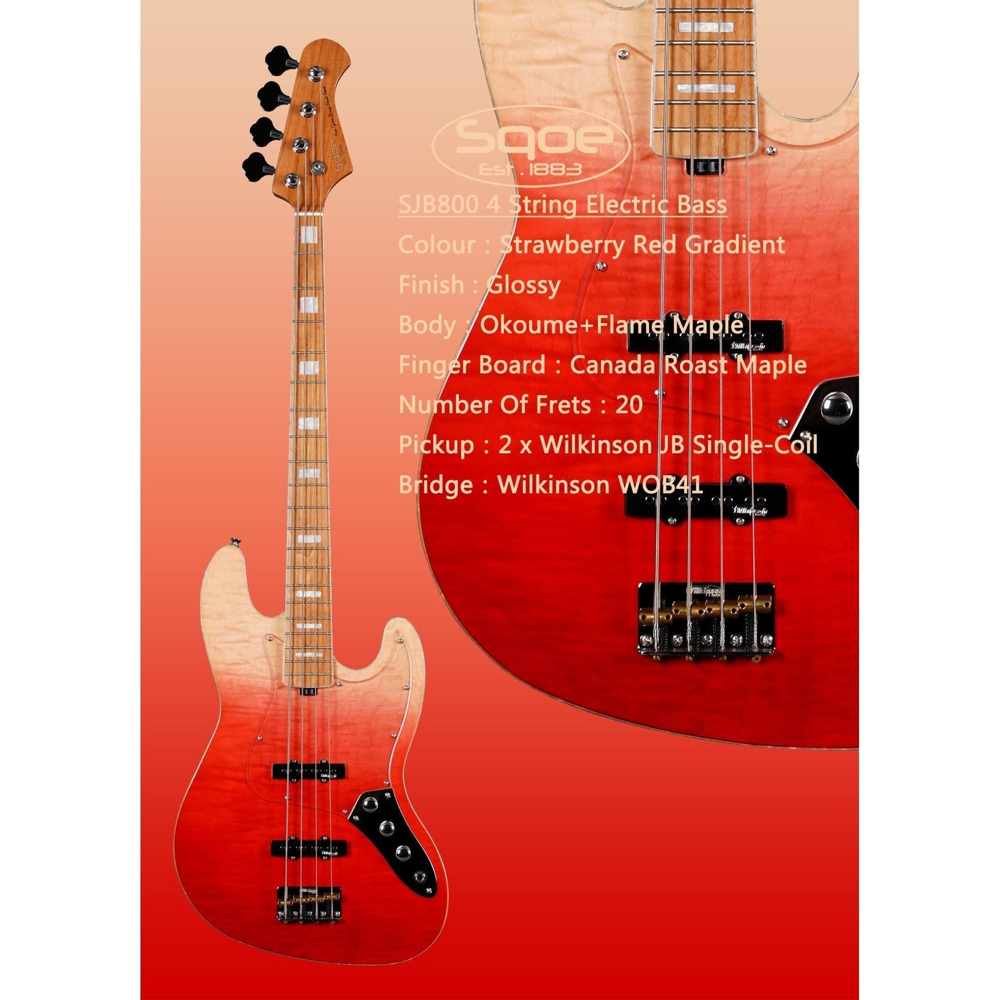 Đàn Guitar Bass Sqoe SJB800, Lava Red Fade