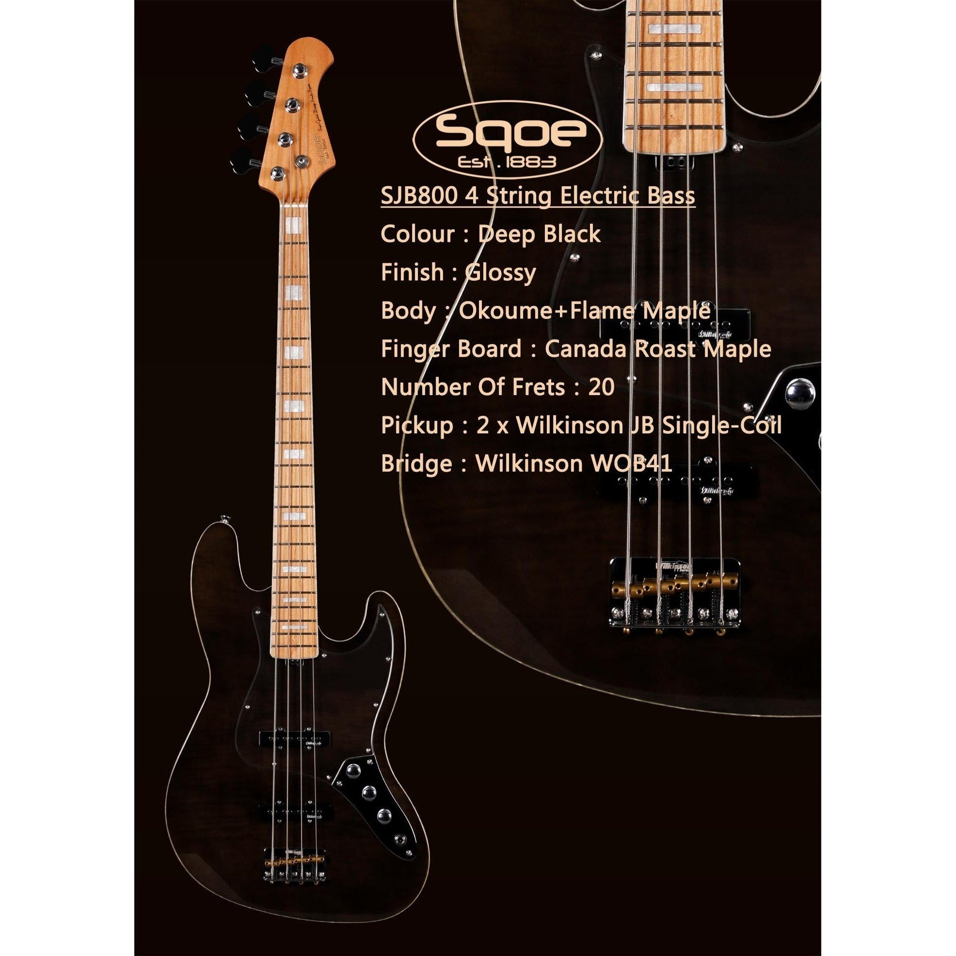 Đàn Guitar Bass Sqoe SJB800, Transparent Black