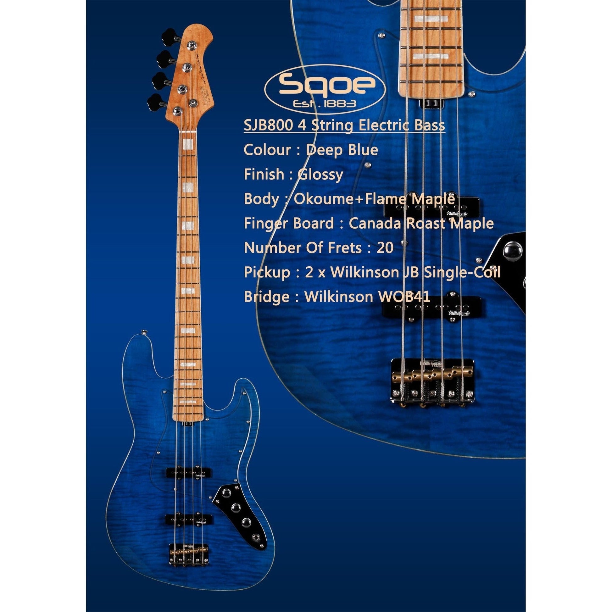 Đàn Guitar Bass Sqoe SJB800, Transparent Indigo Blue