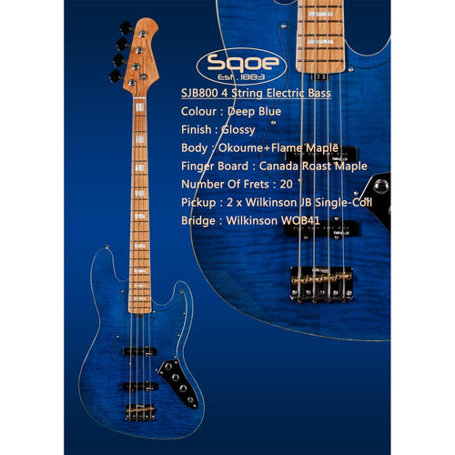Đàn Guitar Bass Sqoe SJB800, Transparent Indigo Blue