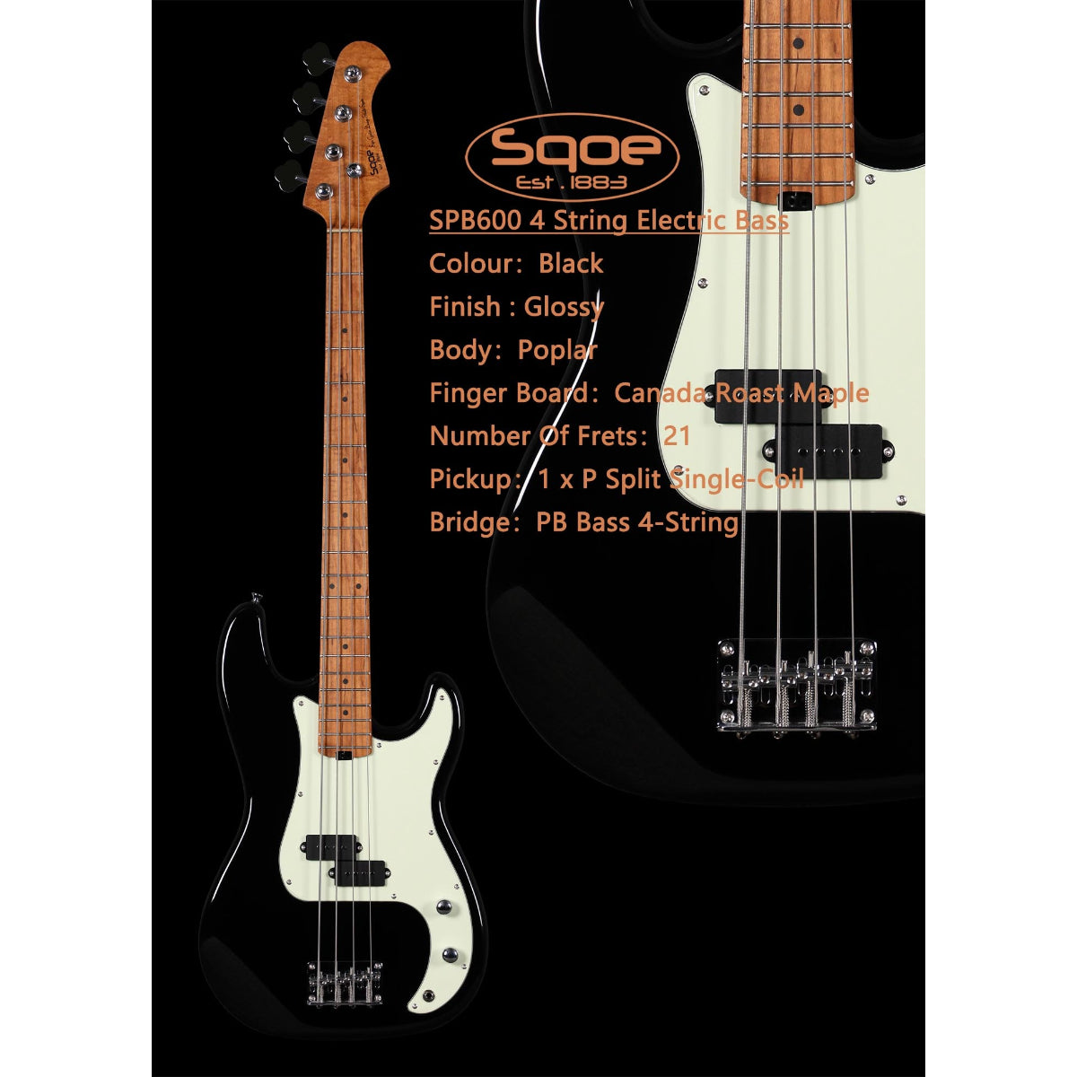 Đàn Guitar Bass Sqoe SPB600, Black