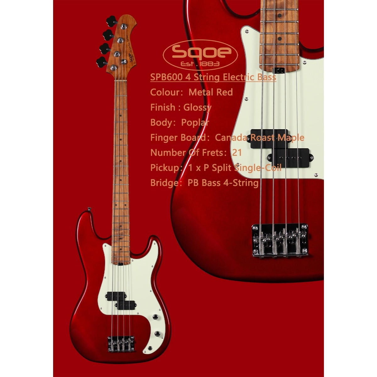 Đàn Guitar Bass Sqoe SPB600, Metallic Red