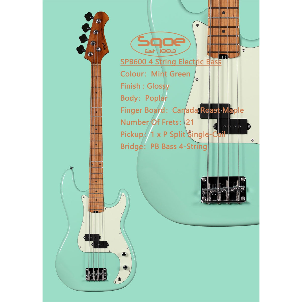 Đàn Guitar Bass Sqoe SPB600, Mint Green
