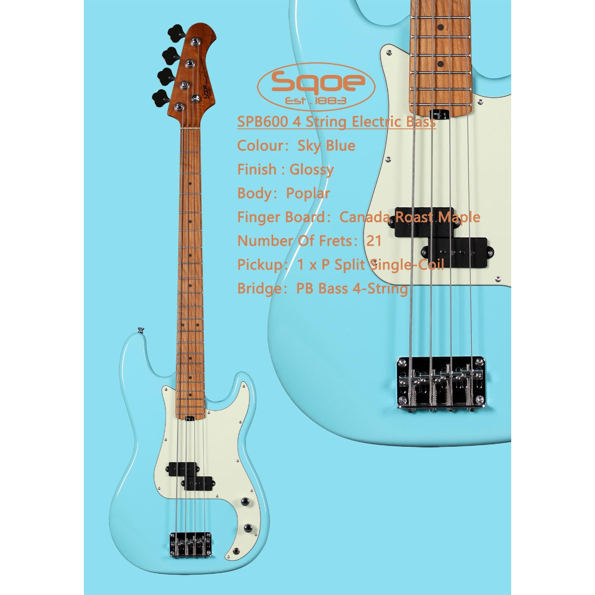 Đàn Guitar Bass Sqoe SPB600, Sky Blue