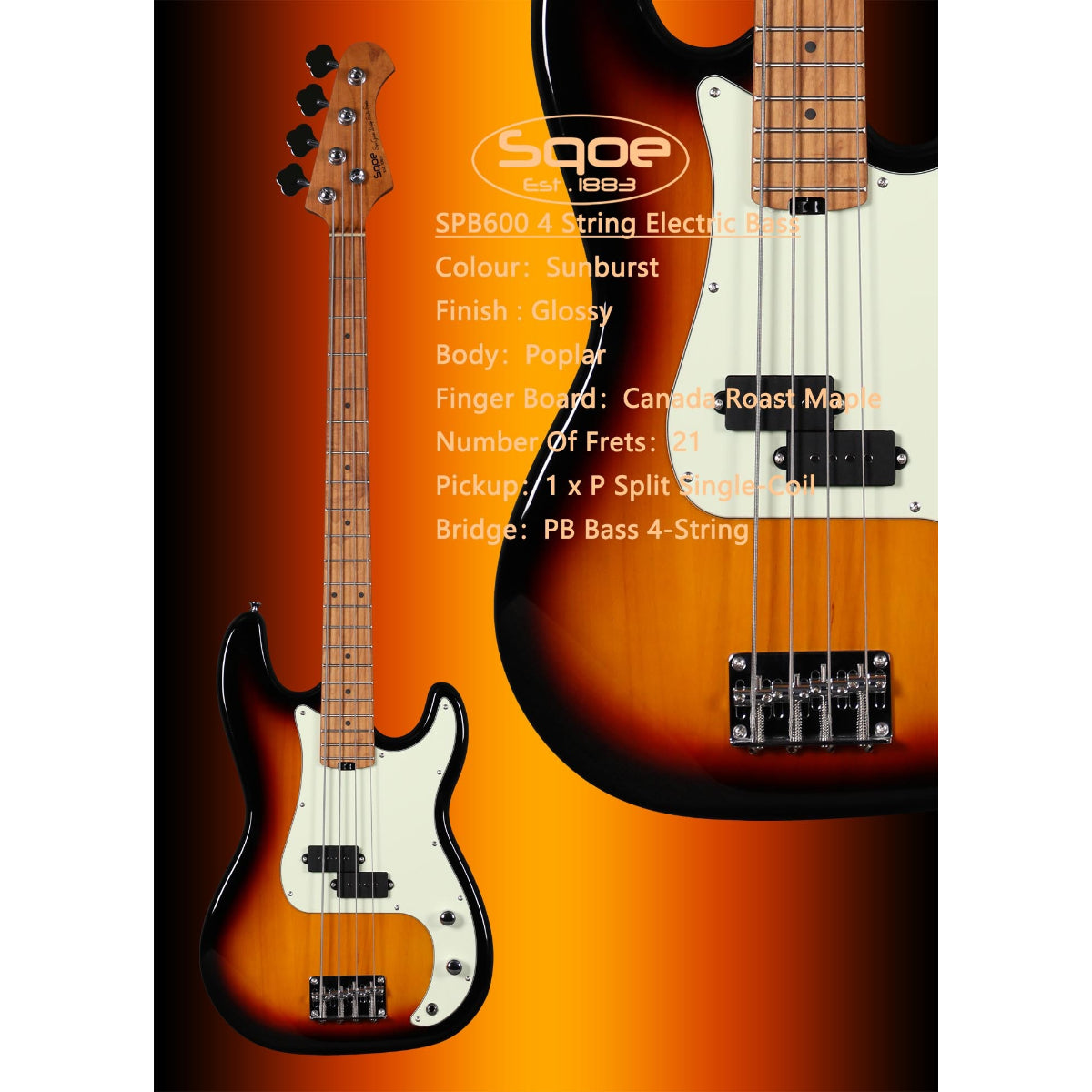Đàn Guitar Bass Sqoe SPB600, Sunburst