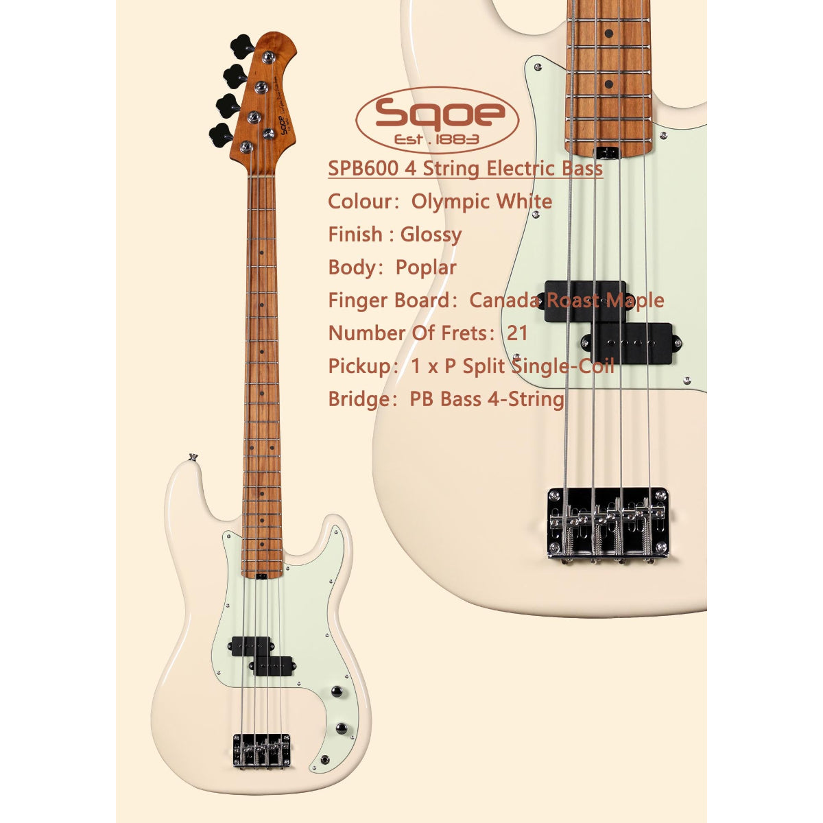 Đàn Guitar Bass Sqoe SPB600, Vintage White