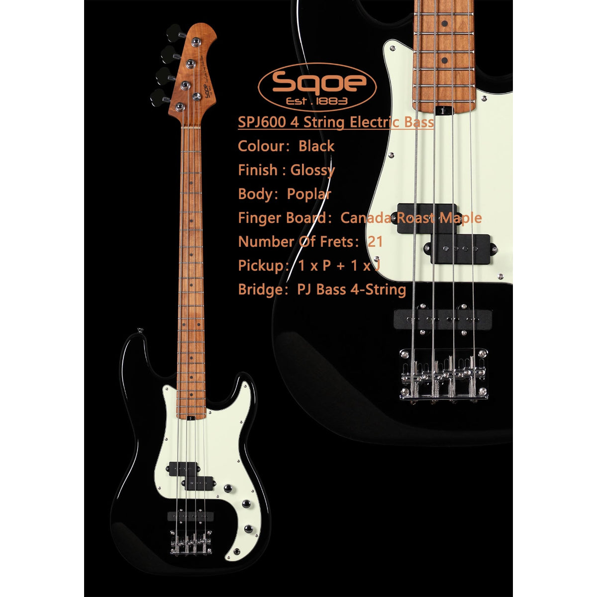 Đàn Guitar Bass Sqoe SPJ600, Black