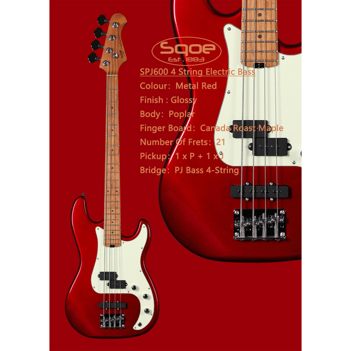 Đàn Guitar Bass Sqoe SPJ600, Metallic Red