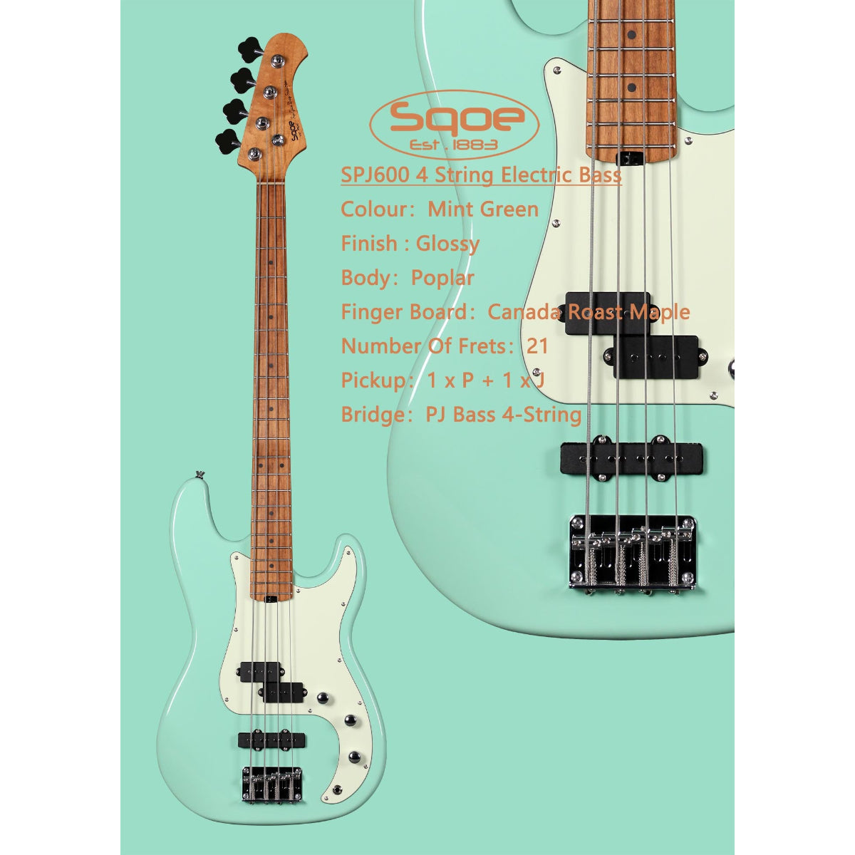 Đàn Guitar Bass Sqoe SPJ600, Mint Green