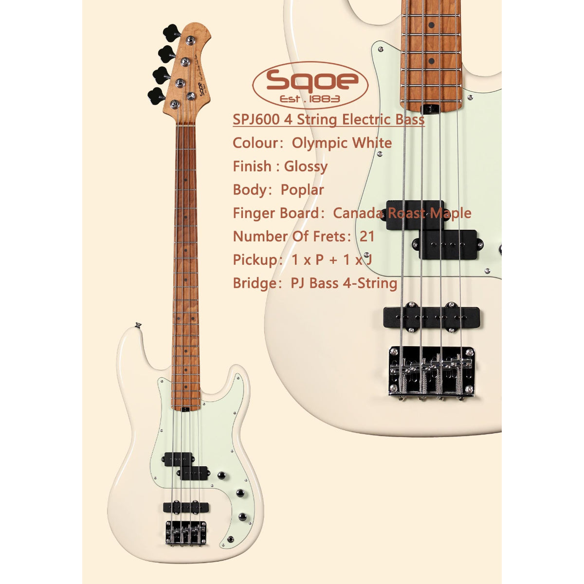Đàn Guitar Bass Sqoe SPJ600, Olympic White
