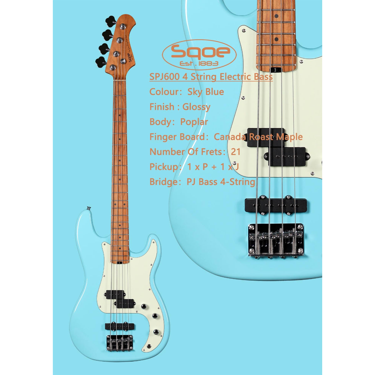 Đàn Guitar Bass Sqoe SPJ600, Sky Blue