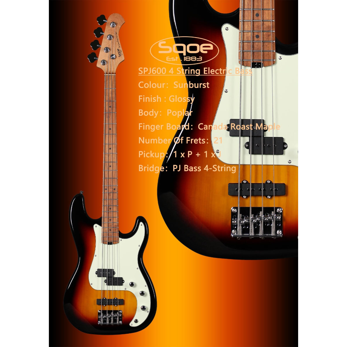 Đàn Guitar Bass Sqoe SPJ600, Sunburst