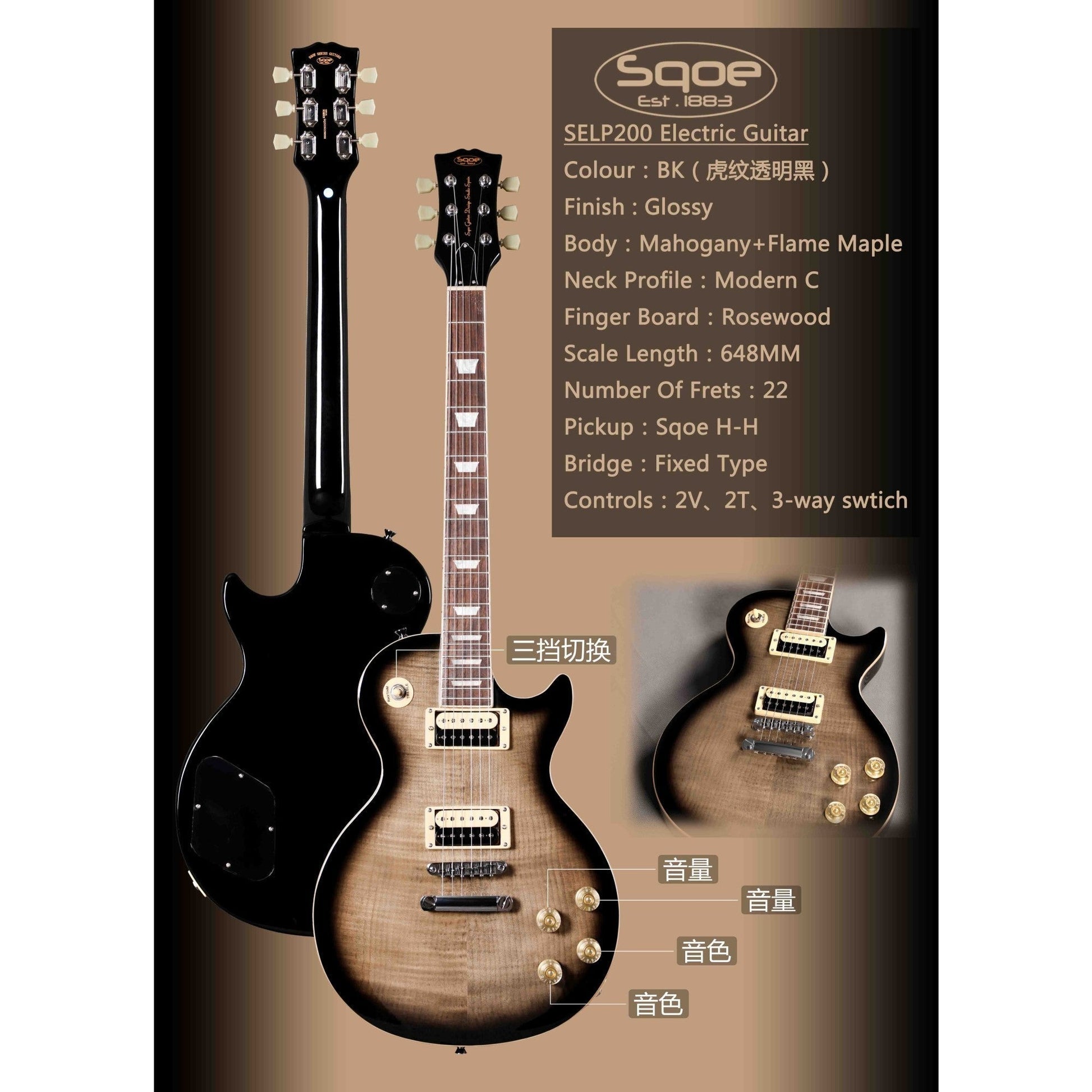 Đàn Guitar Điện Sqoe SELP200, Tiger Stripe Transparent Black