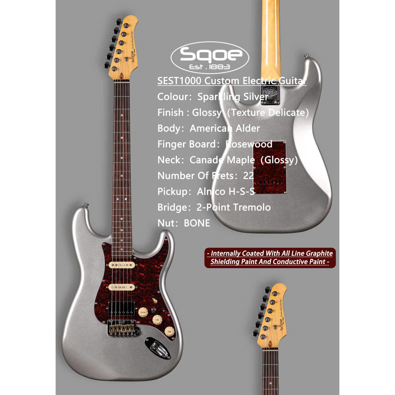 Đàn Guitar Điện Sqoe SEST1000, Sparkling Silver