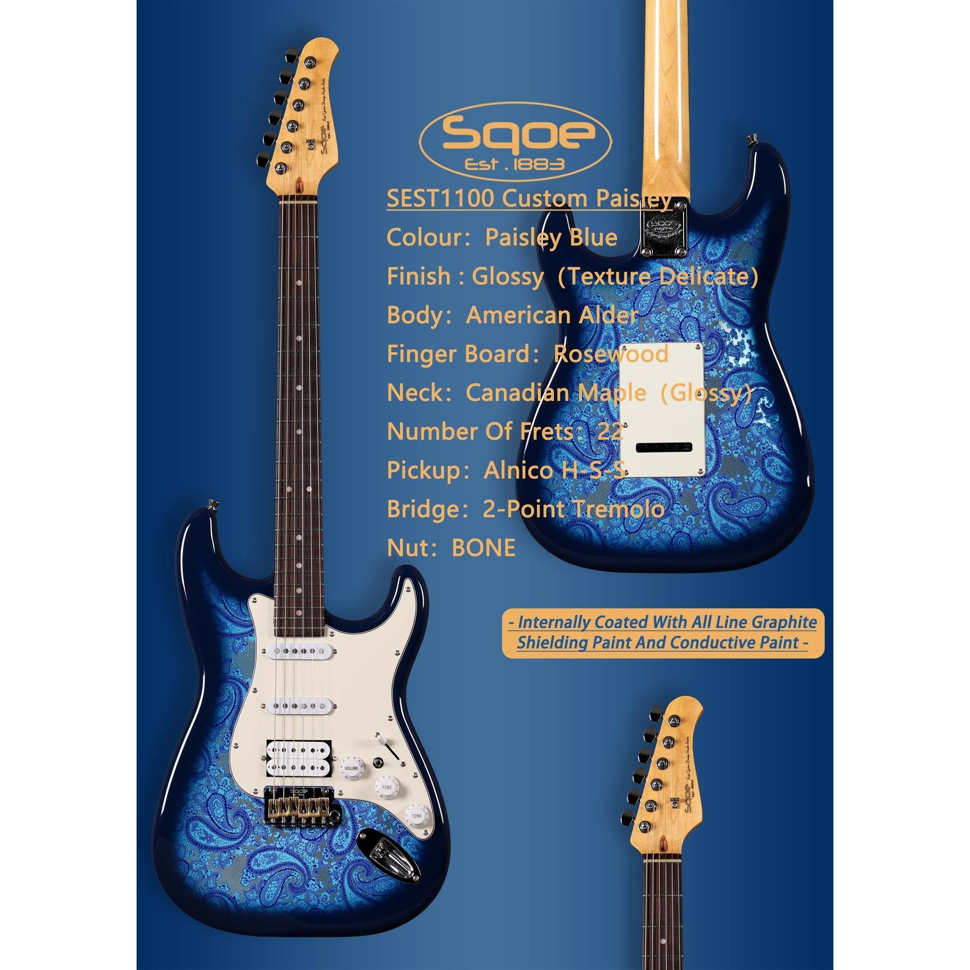 Đàn Guitar Điện Sqoe SEST1100, Paisley Blue