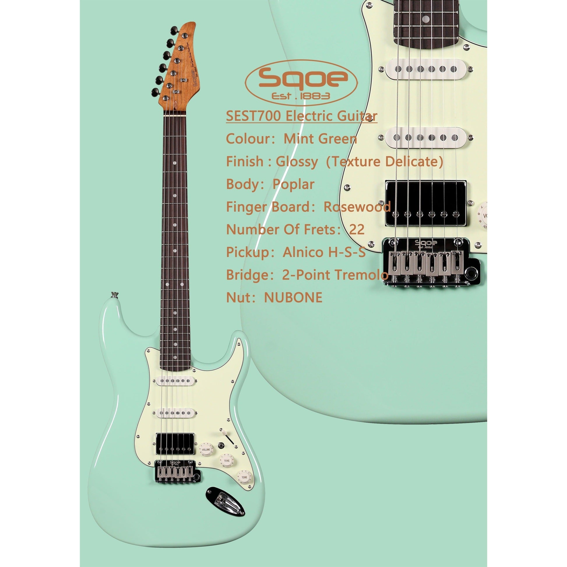 Đàn Guitar Điện Sqoe SEST700, Mint Green