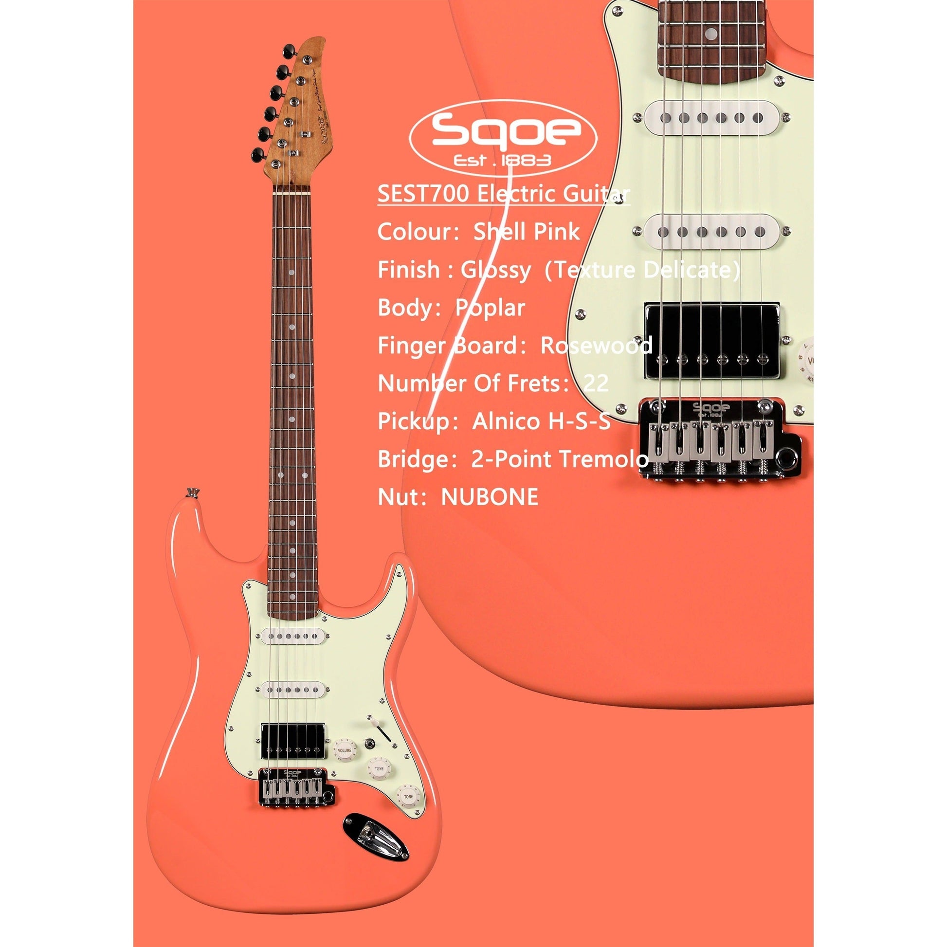 Đàn Guitar Điện Sqoe SEST700, Shell Pink