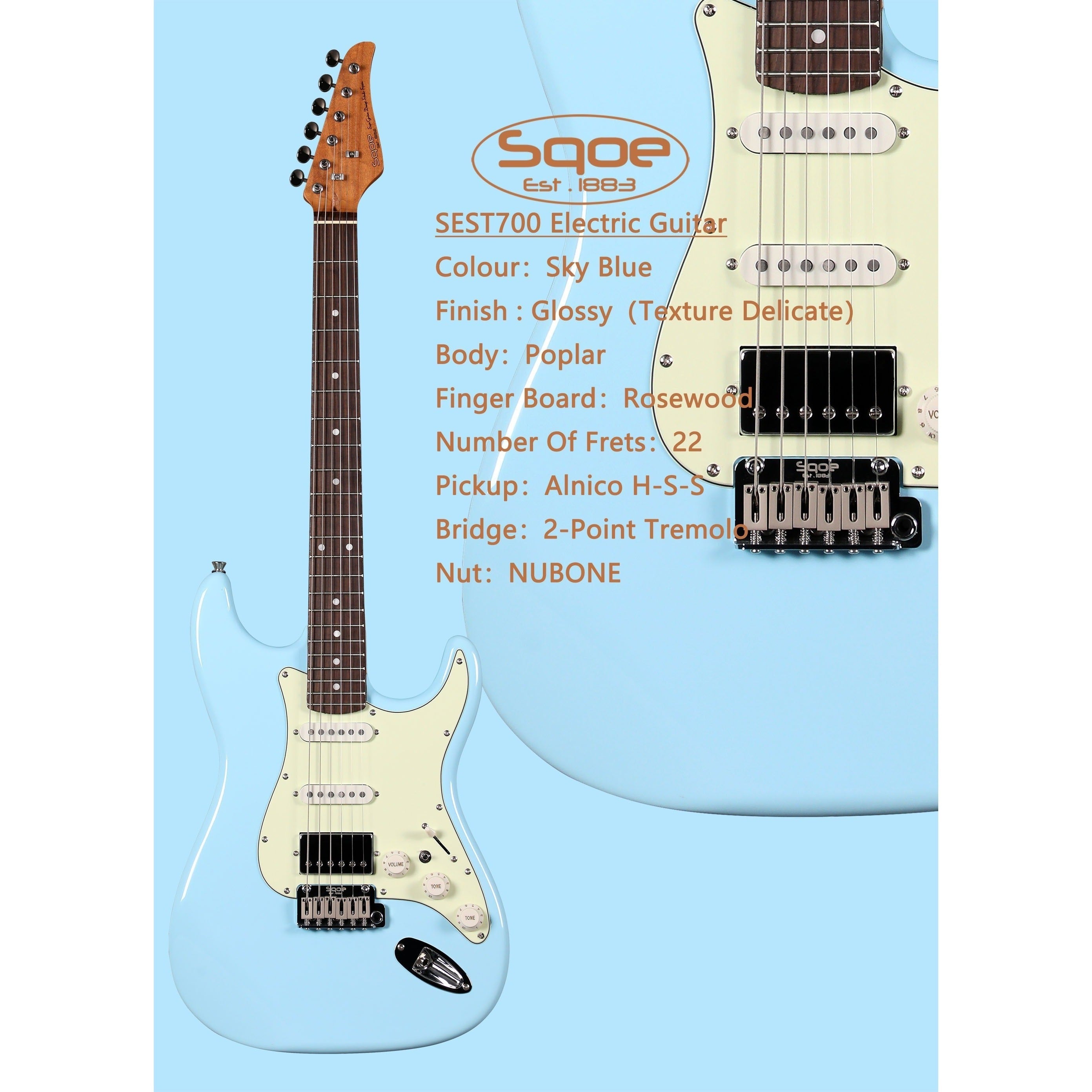 Đàn Guitar Điện Sqoe SEST700, Skyblue