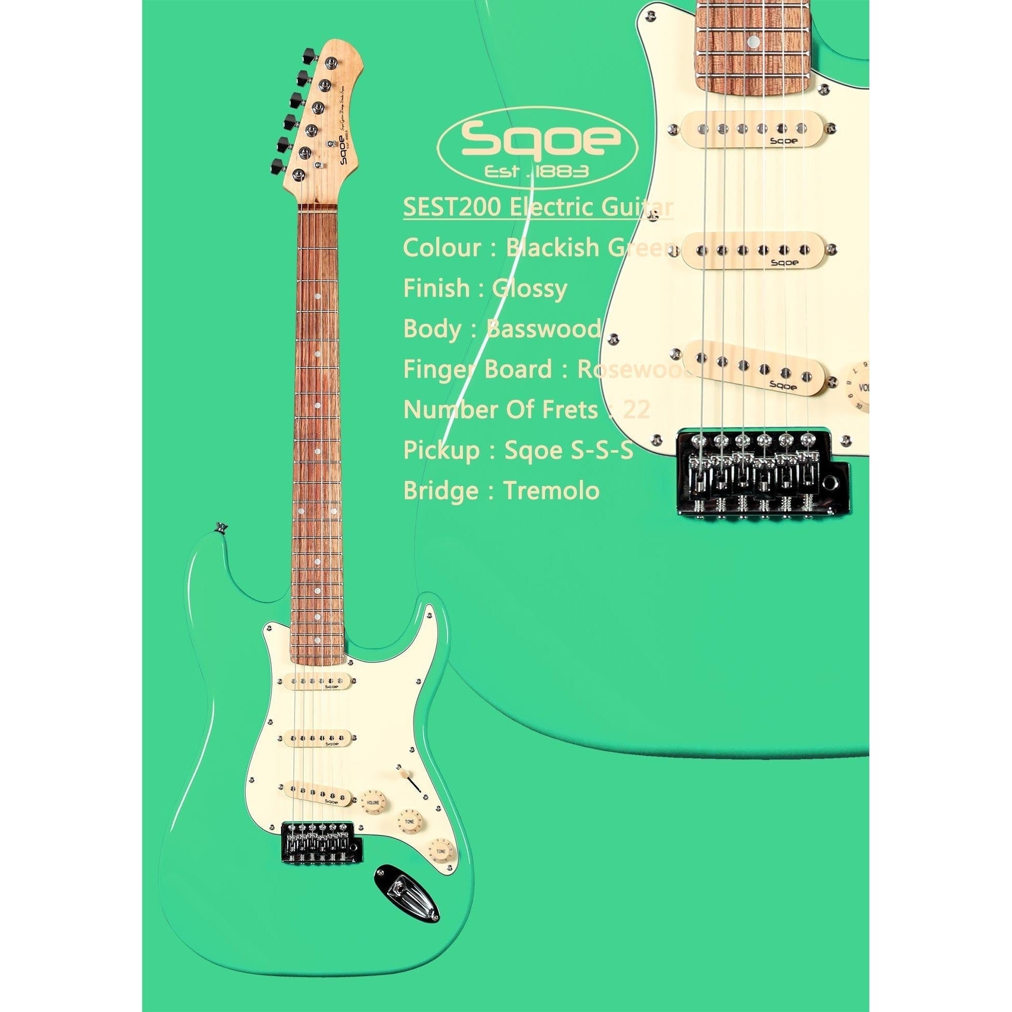 Đàn Guitar Điện Sqoe Stratocaster SEST200, Blackish Green