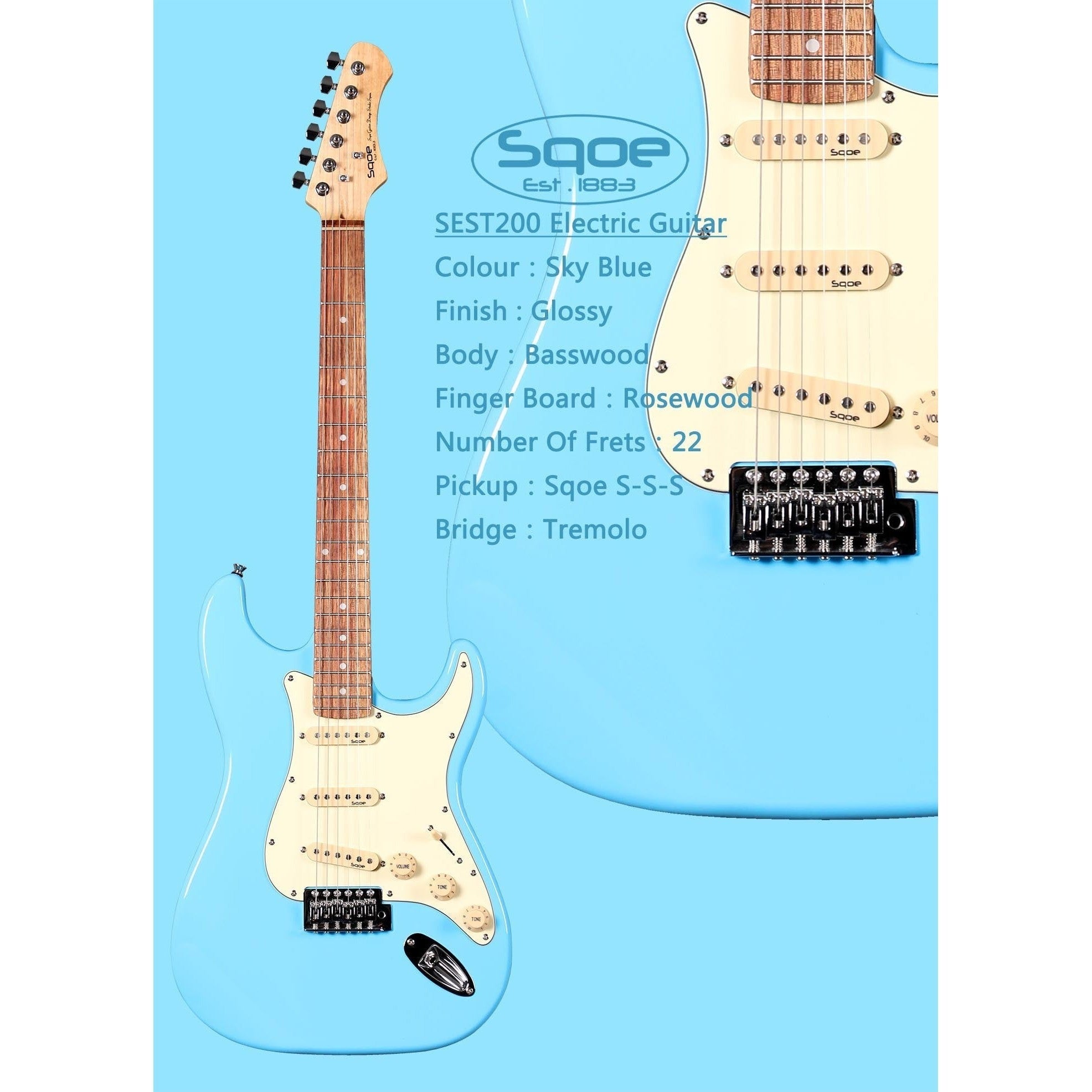 Đàn Guitar Điện Sqoe Stratocaster SEST200, Sky Blue