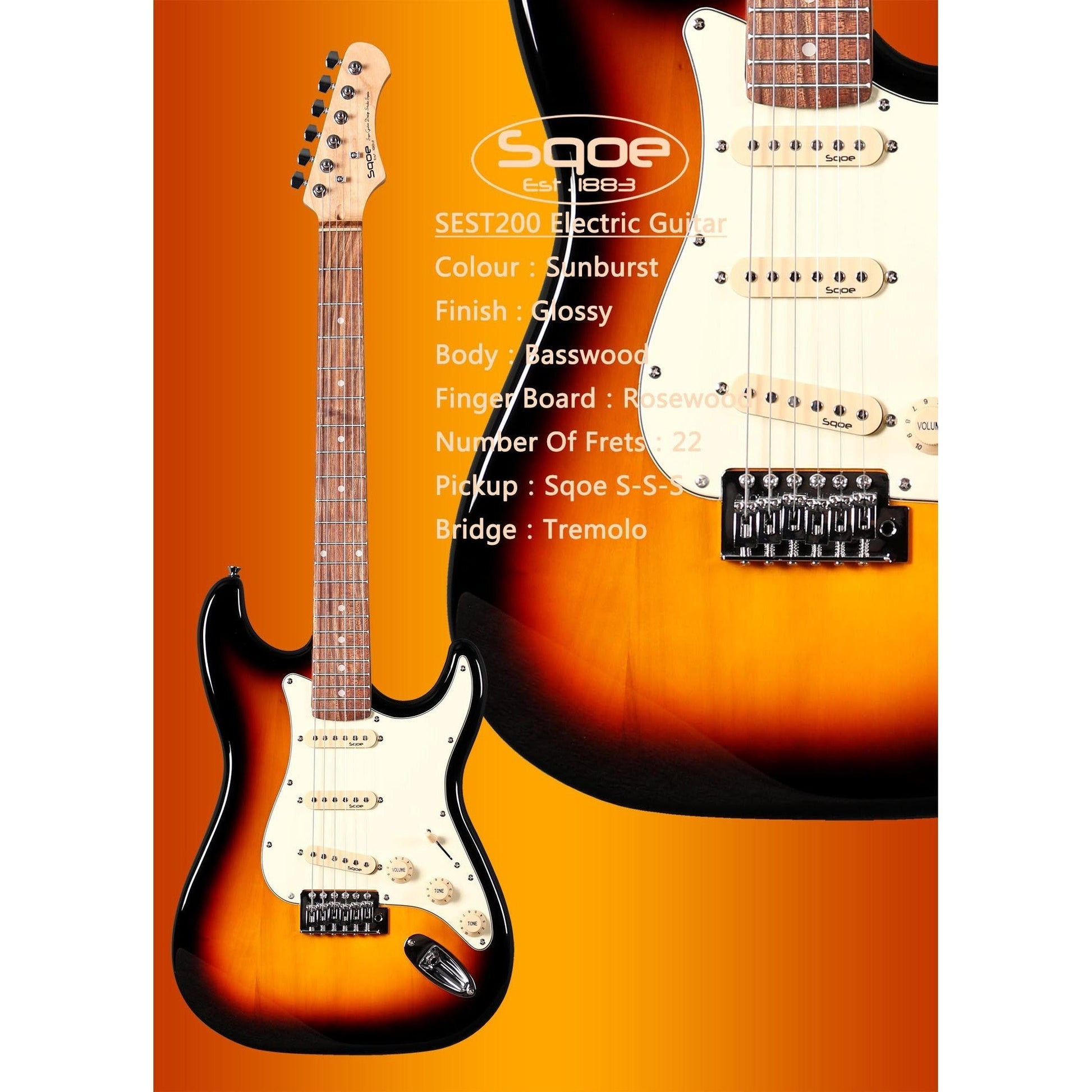Đàn Guitar Điện Sqoe Stratocaster SEST200, Sunburst