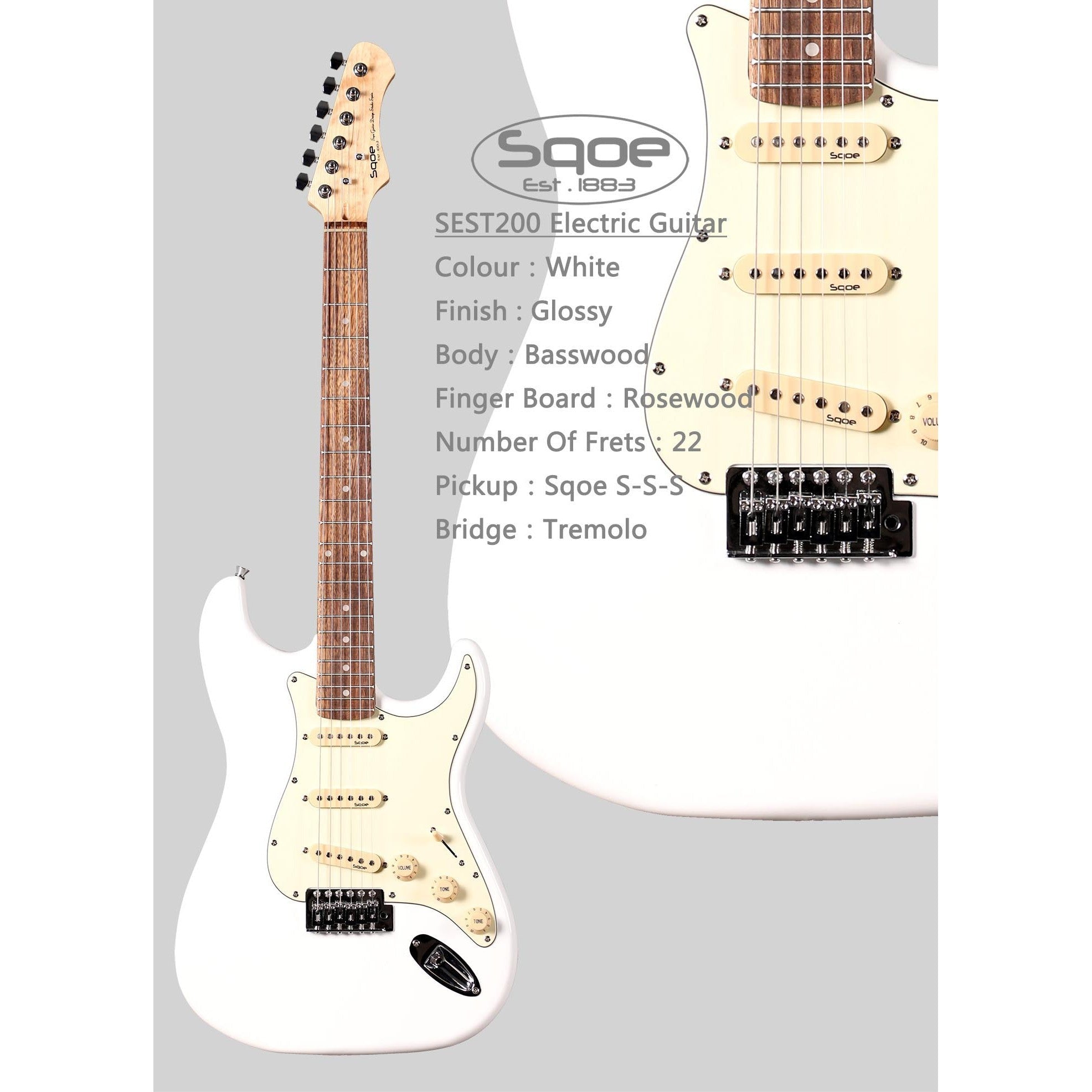Đàn Guitar Điện Sqoe Stratocaster SEST200, White
