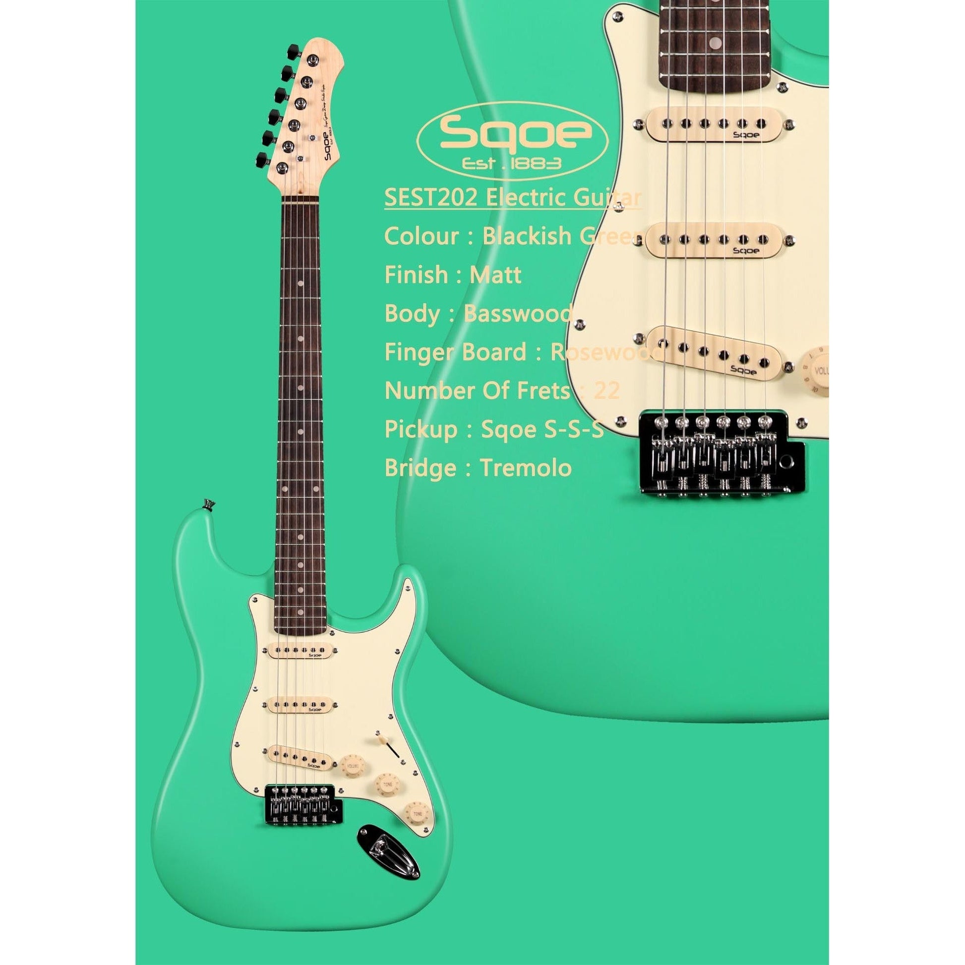 Đàn Guitar Điện Sqoe Stratocaster SEST202, Blackish Green