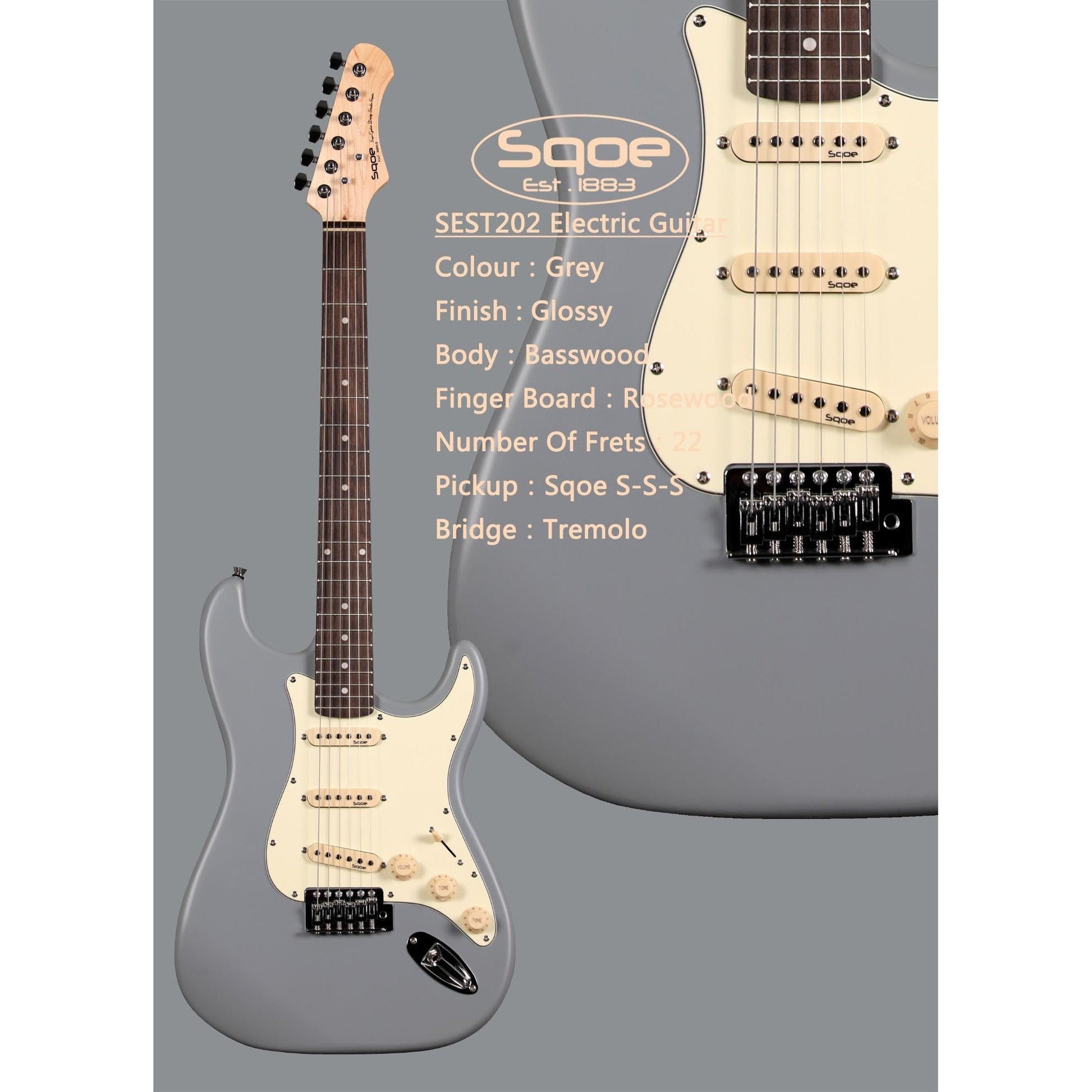 Đàn Guitar Điện Sqoe Stratocaster SEST202, Silver Grey