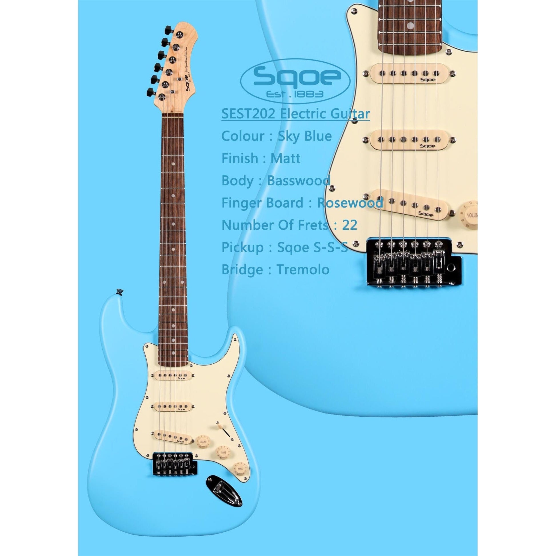 Đàn Guitar Điện Sqoe Stratocaster SEST202, Sky Blue